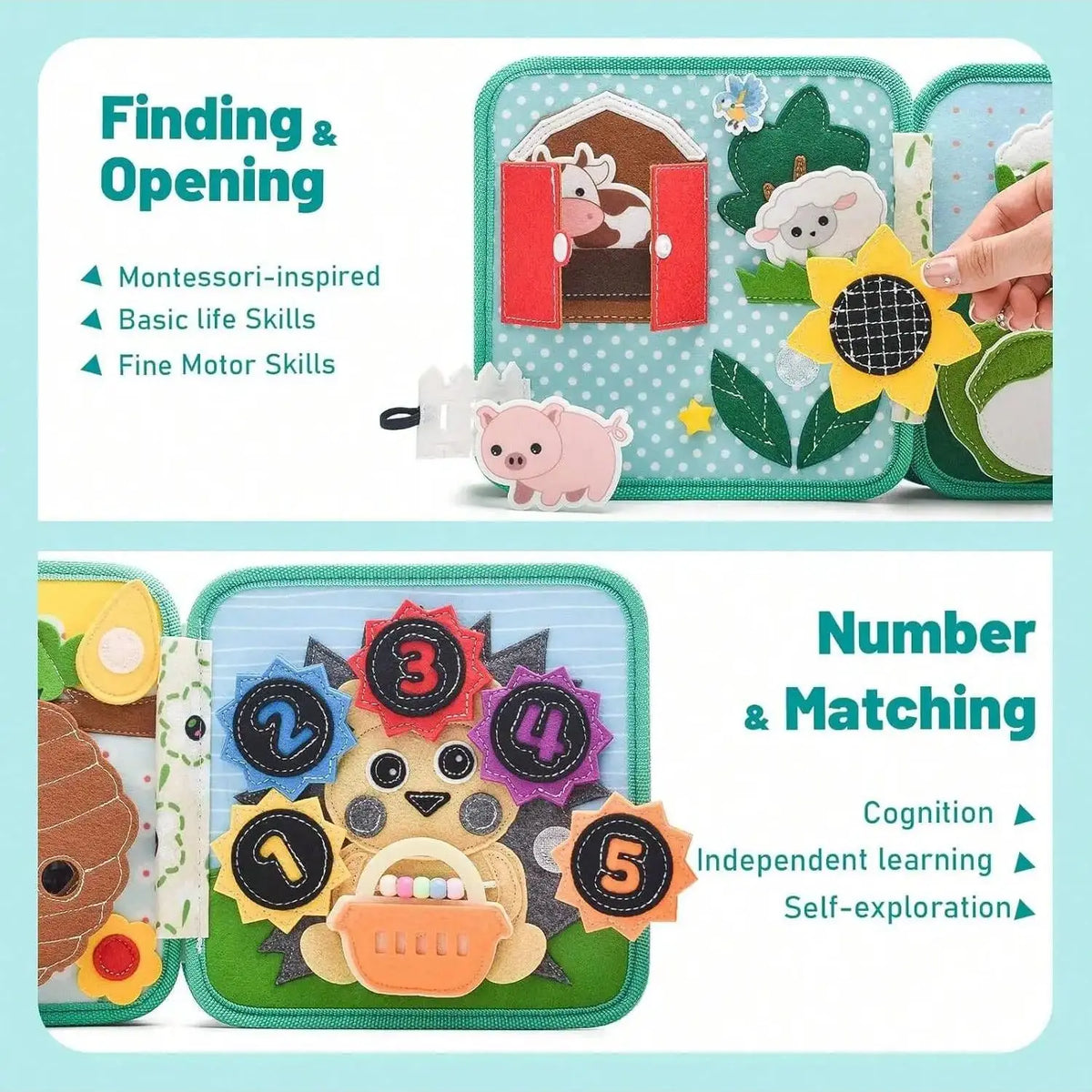 Busy Book for Toddlers Montessori 3D Felt Quiet Book for Preschool Learning Fine Motor Skills，Sensory Activity Travel Toy