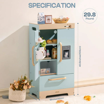 Robotime Robud Play Kitchen Fridge Refrigerator with Ice Dispenser Wooden Kids Play Kitchen Playset Toy for Ages 3+Blue