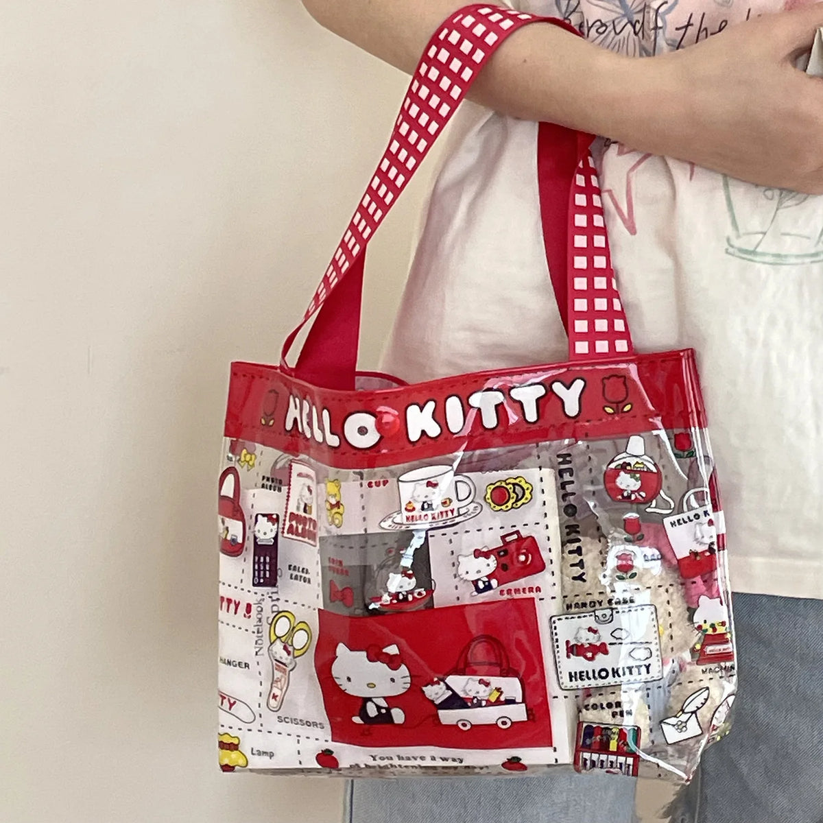 Sanrio KT Cute Cartoon Transparent PVC Makeup Bag Large Capacity Portable Handbag Style Cosmetic Storage Pouch Storage Bag