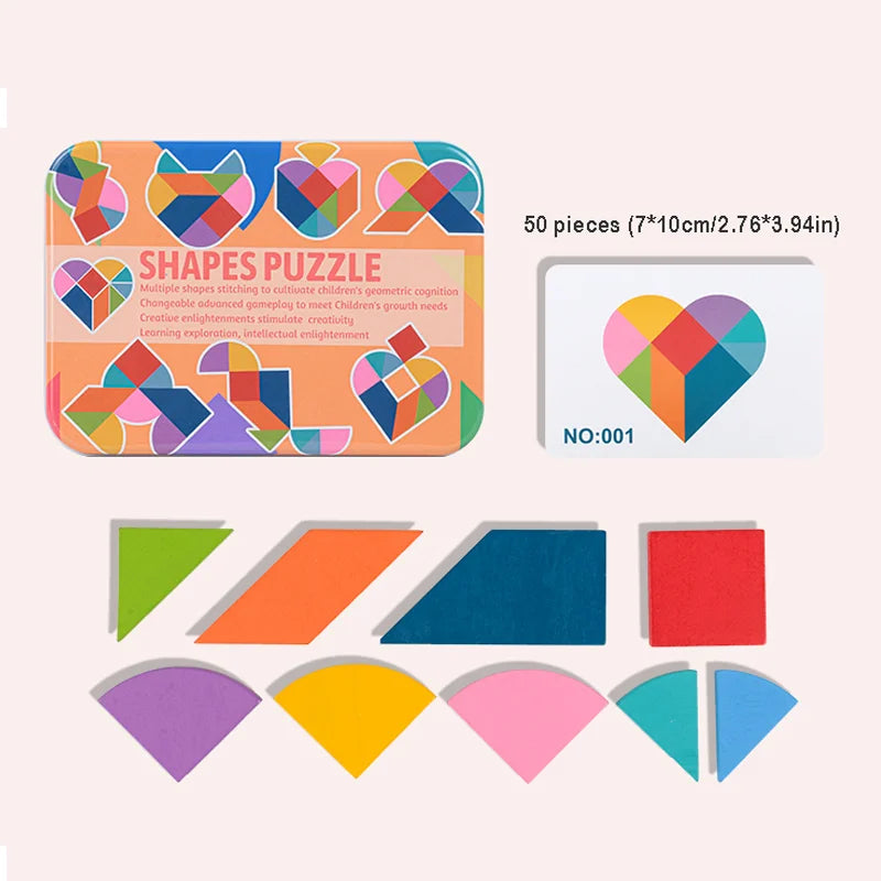 Creative colorful Iron Box Tangram, Children's Early Education, Heart / Egg-Shaped Nine Tangrams, Wooden DIY Large Puzzle Toy