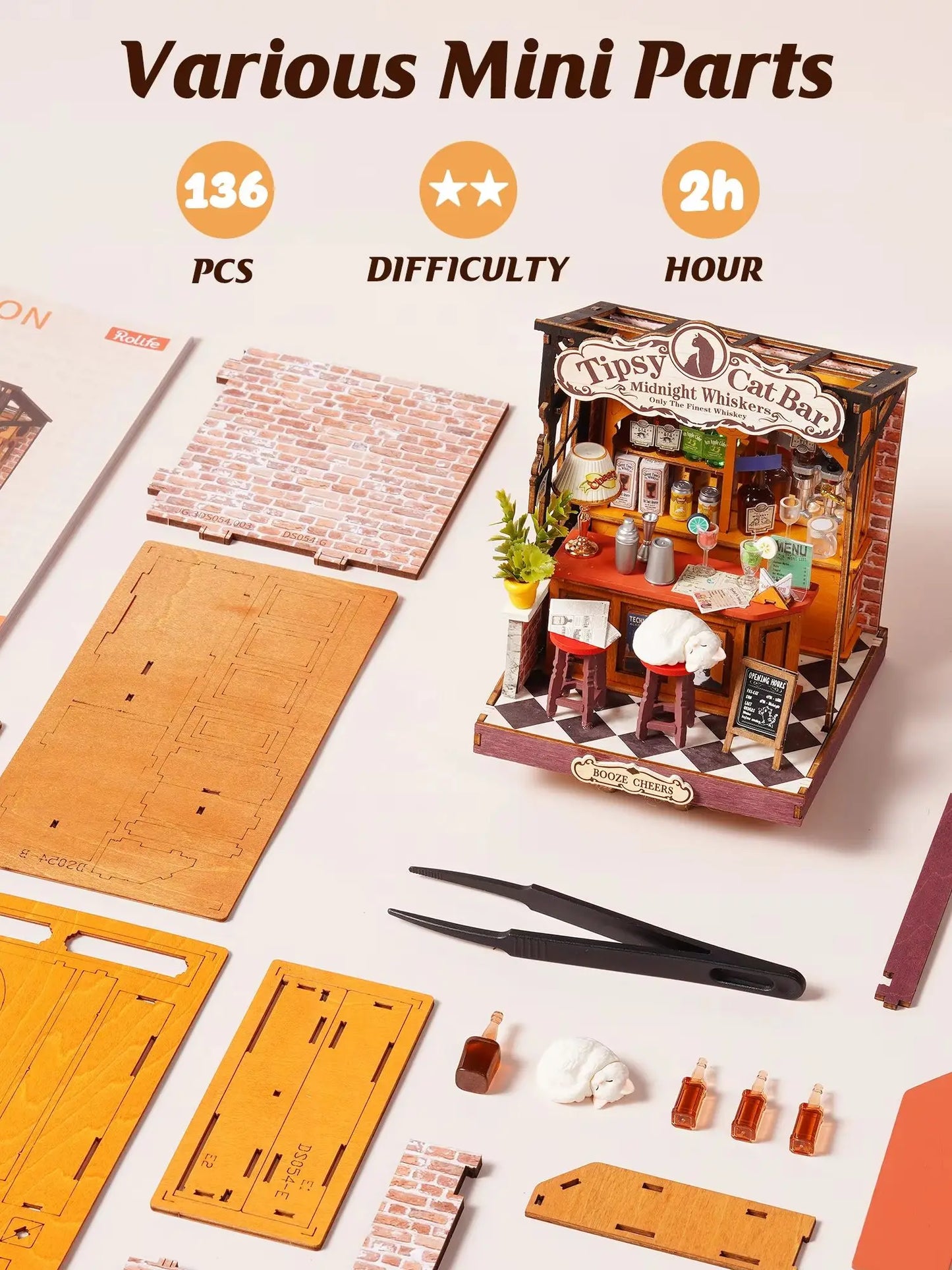 Rolife DIY Miniature House Kit Tipsy Cat Bar Mini Dollhouse Model Building Kit Wooden 3D Puzzle Toys with LED Light for Home Decor Gift for Adults Kids Friends