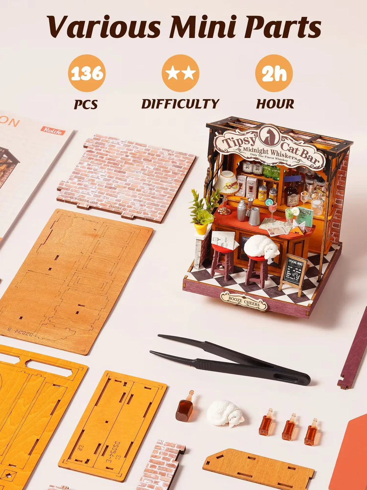 Rolife DIY Miniature House Kit Tipsy Cat Bar Mini Dollhouse Model Building Kit Wooden 3D Puzzle Toys with LED Light for Home Decor Gift for Adults Kids Friends