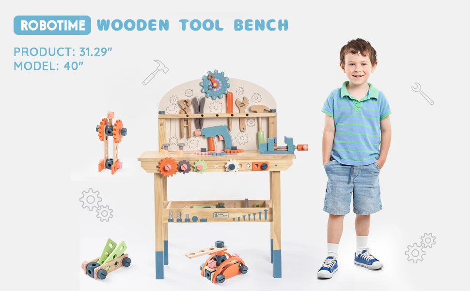 ROBUD Wooden Toy Workbench Tool Bench Set for Kids with Electric Drill Pretend Play STEM Learning Gift for Boys Girls Age 3+
