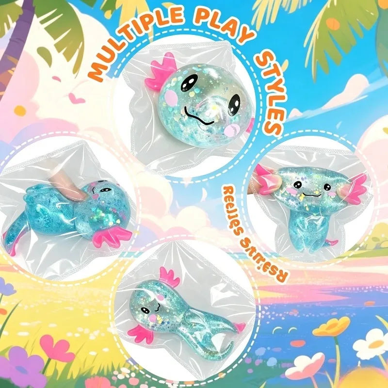 Multicolor Glitter Axolotl Squishy Soft TPR Squeeze Toy Stress Relief Fidget Toy Kawaii Salamander Animal Sensory Decompression