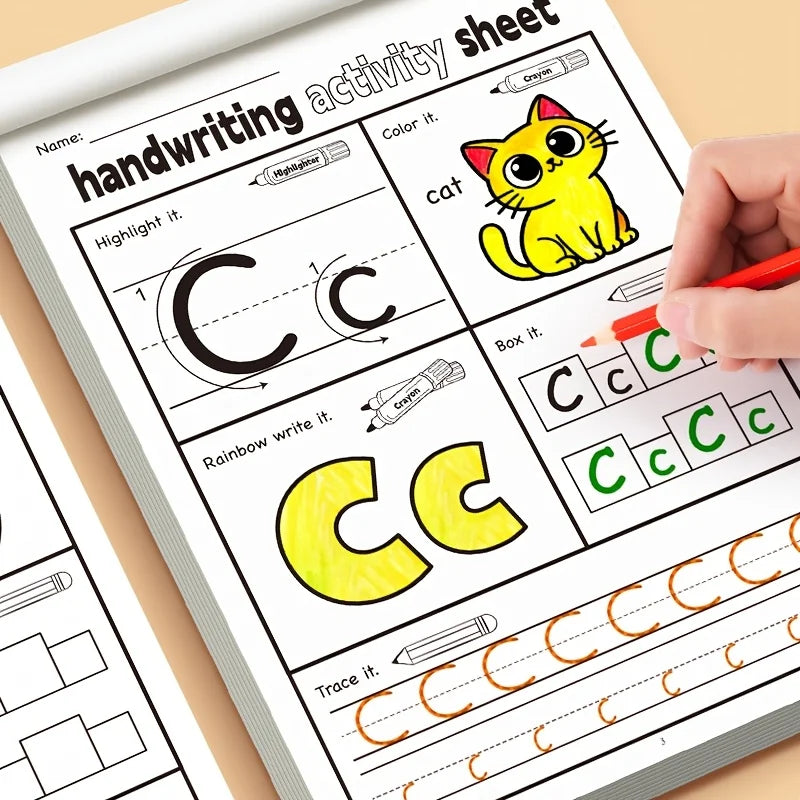1 Children's Alphabet Practice Book, Handwriting Practice Book for Preschoolers, Alphabet Ability Development for Kindergarten, Fun Cartoon Character Learning Exercises, Mixed-Color Paper Materials, Educational Children's Boo