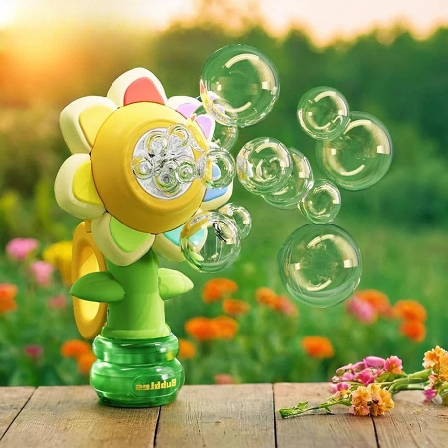 Cute Automatic Bubbles Machine Toys Seven Color Sunflower Shake Head Soap Bubbles Swing Light Blowing Handheld Bubble Kids
