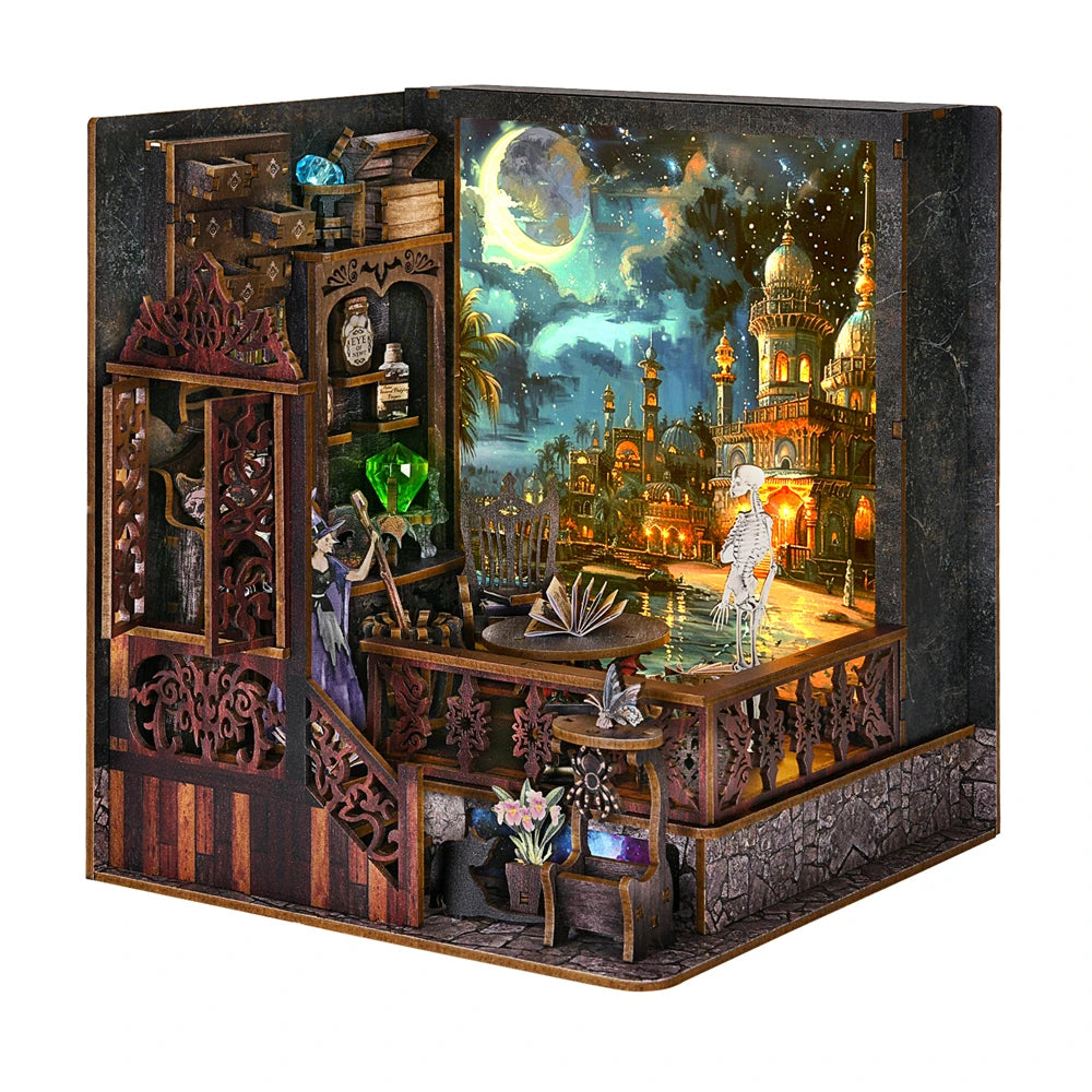 Book Nook Kit Magic Town DIY Wooden Puzzle Light Picture Bookshelf Insert Decor Dollhouse Model Bookend Building Home Decoration