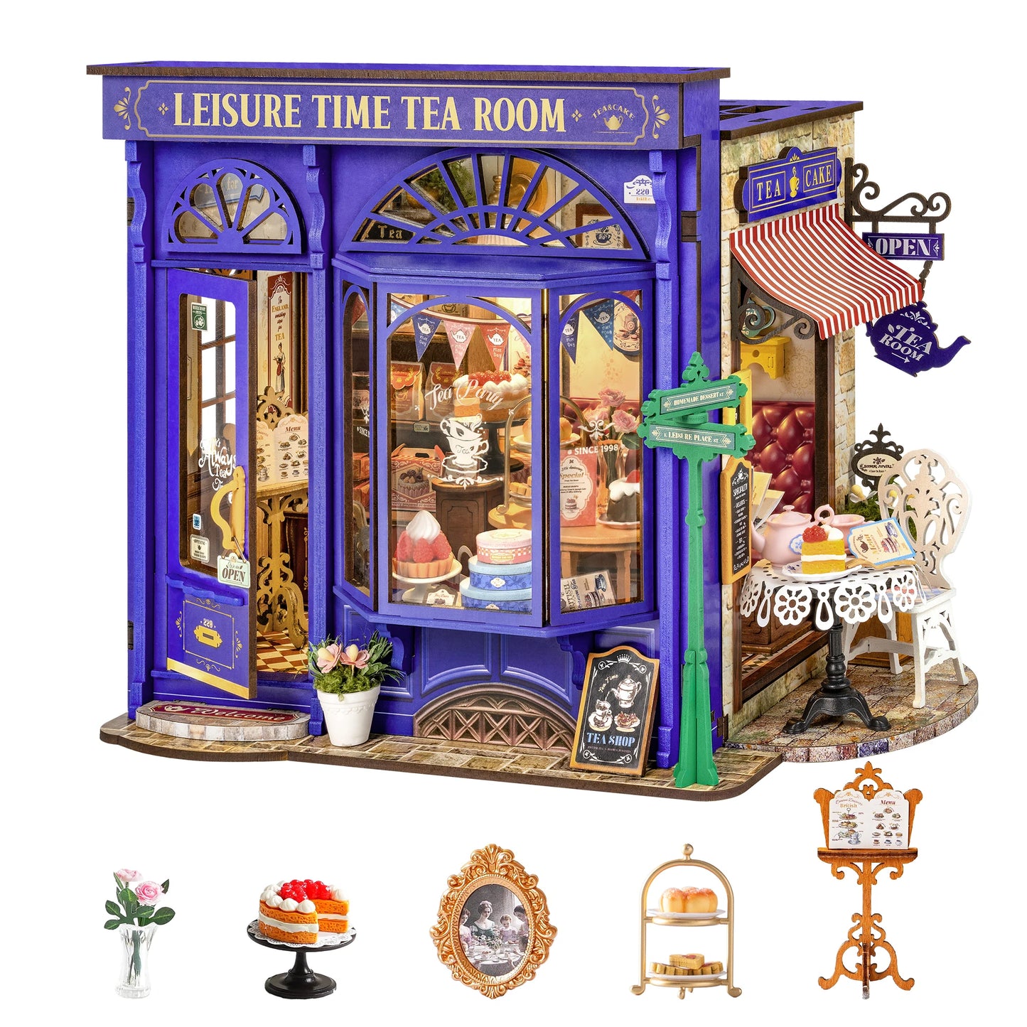 Rolife DIY Miniature House Kit Leisure Time Tea Room Mini Dollhouse Building Set with LED Wooden 3D Puzzle for Home Desk Decor