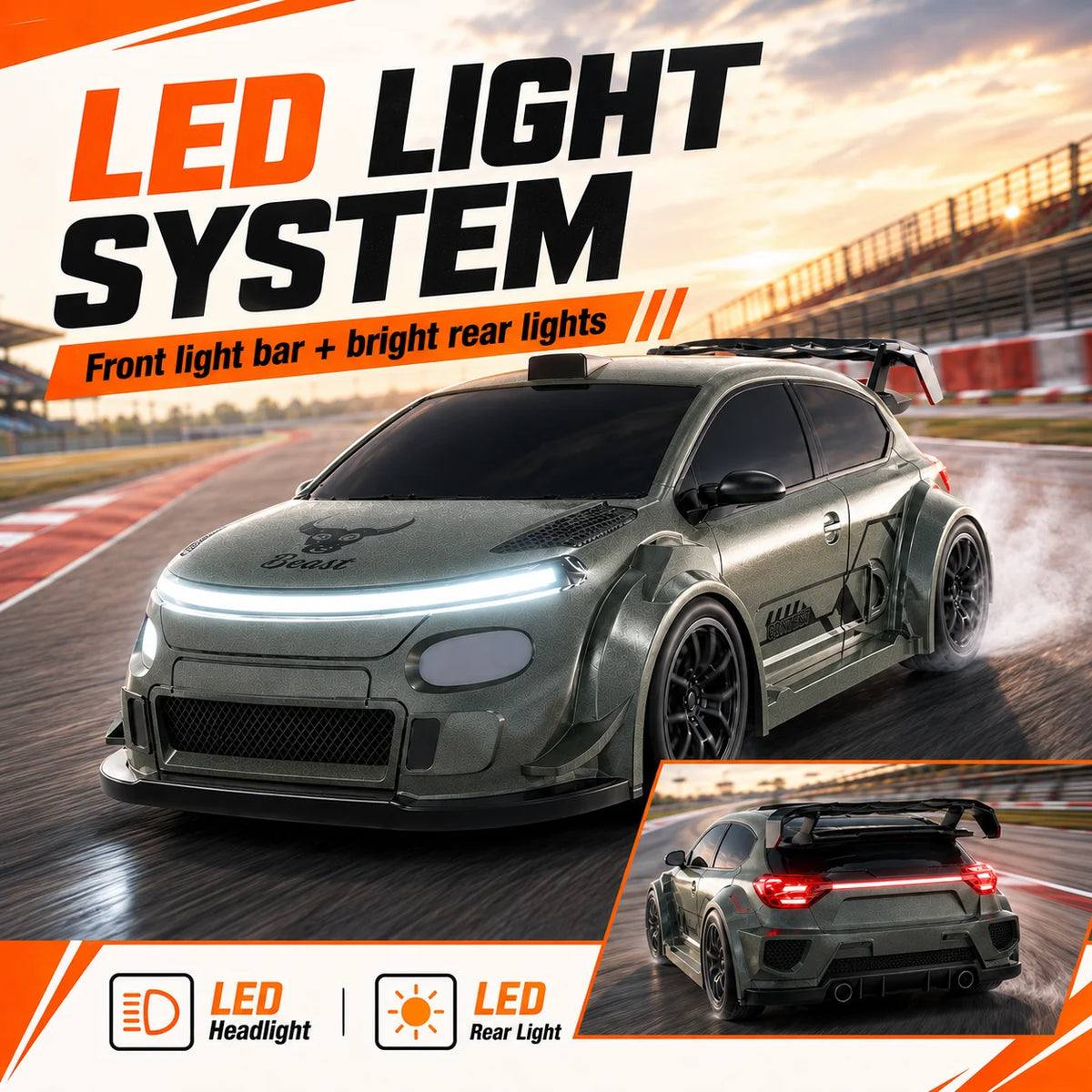 4WD High Speed RC Car 2.4G Remote Drifting Car 1:24 Scale Dual Mode One Click Switch LED Headlight Taillight Long Battery Life Racing Toy Car