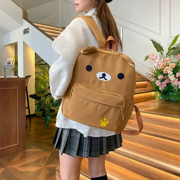 Kawaii Cartoon Rilakkuma Korilakkuma Embroidery Waterproof Nylon Backpack Large Capacity Student School Bag For Girls Boys