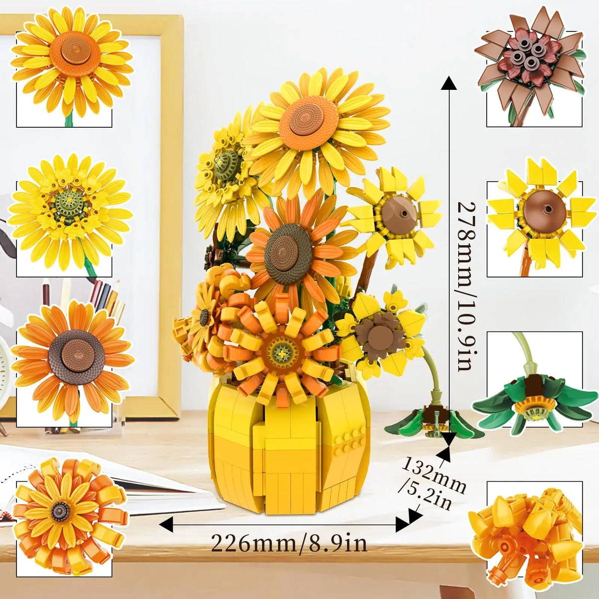 1009PCS Sunflower Building Blocks Flower Bouquet Vase Model Home Decoration Educational DIY Puzzle Toy Adults Holiday Gift