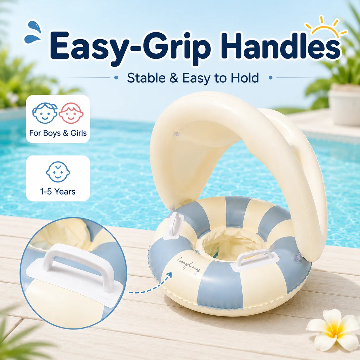 Baby Swim Ring Inflatable Summer Pool Float Seat with Canopy Sunshade Handles Cartoon Swimming Ring for Boys Girls Toddler 40lbs