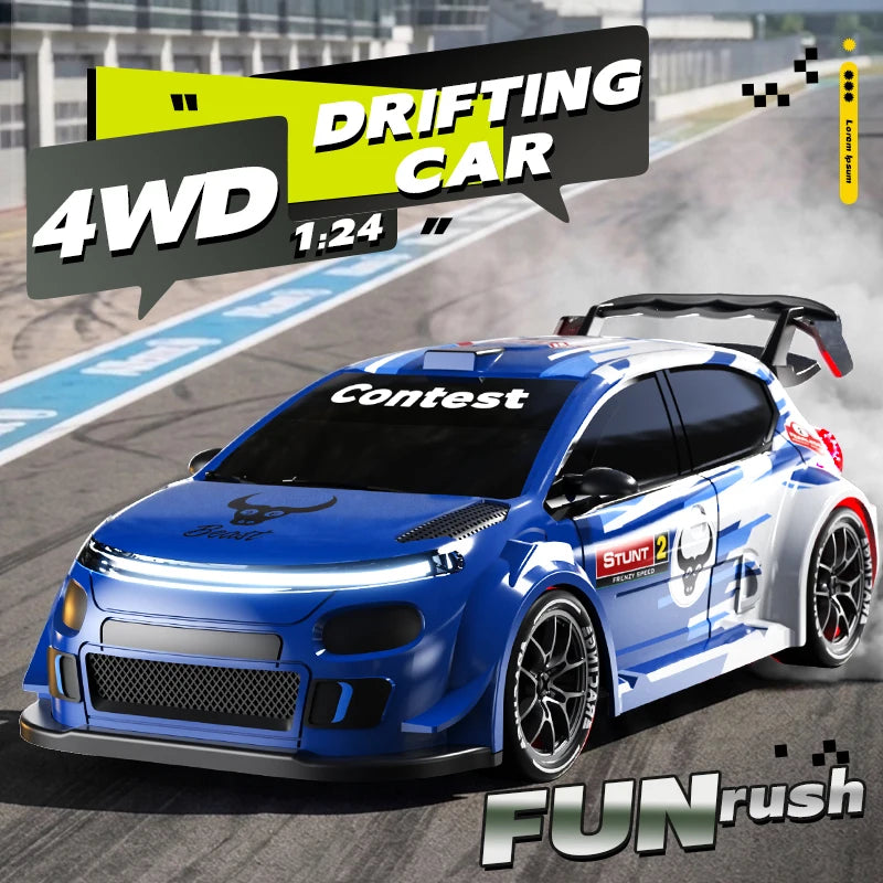 1:24 Scale 4WD Drift RC Car 2.4G Remote Pearl Finish Large Tail Fin Replaceable Racing Drift Wheel Front Rear LED Light Toy Car