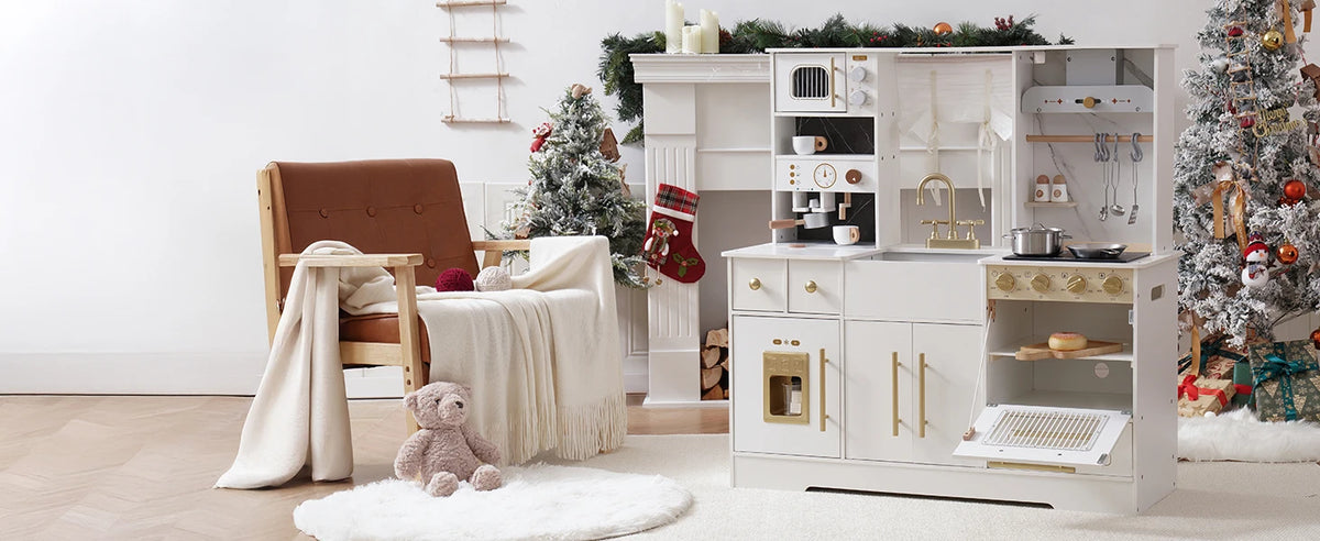 Robud Modern Wooden Play Kitchen Durable Construction with Realistic Accessories Unique Role Play Birthday Gift for Toddlers 3+