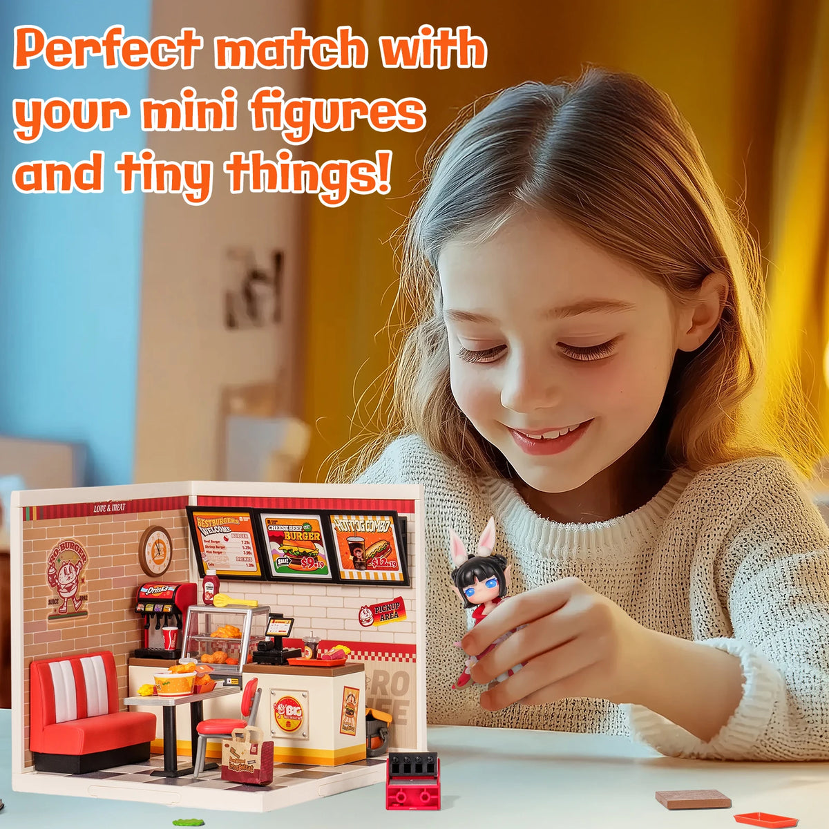 Rolife DIY Miniature House Kit Yum Yum Burgers Super Creator Dollhouse 3D Puzzle Model Building Kit with LEDLight for Desk Decor