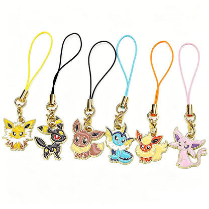 6Pcs Hot Anime Eevee Phone Charms Cute Cartoon Fox Elf Monster Keychains Lanyard Bag Mobile For Key Strap Decor Gift