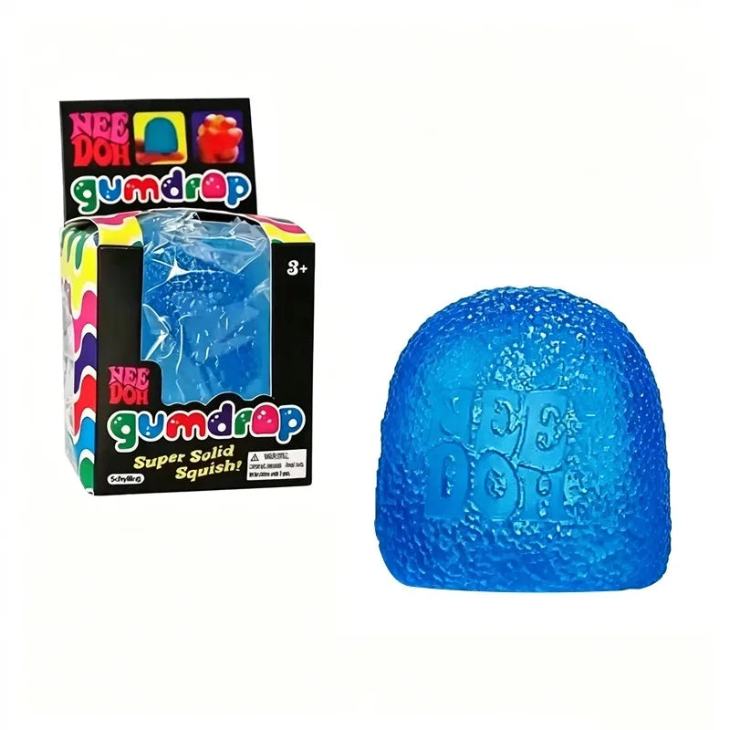 Needoh Gumdrop Toy Blue Squish Shaped Clear Textured Rubber Non Toxic Fidget Relax Stress Autism ADHD Sensory Adult Toy Gift