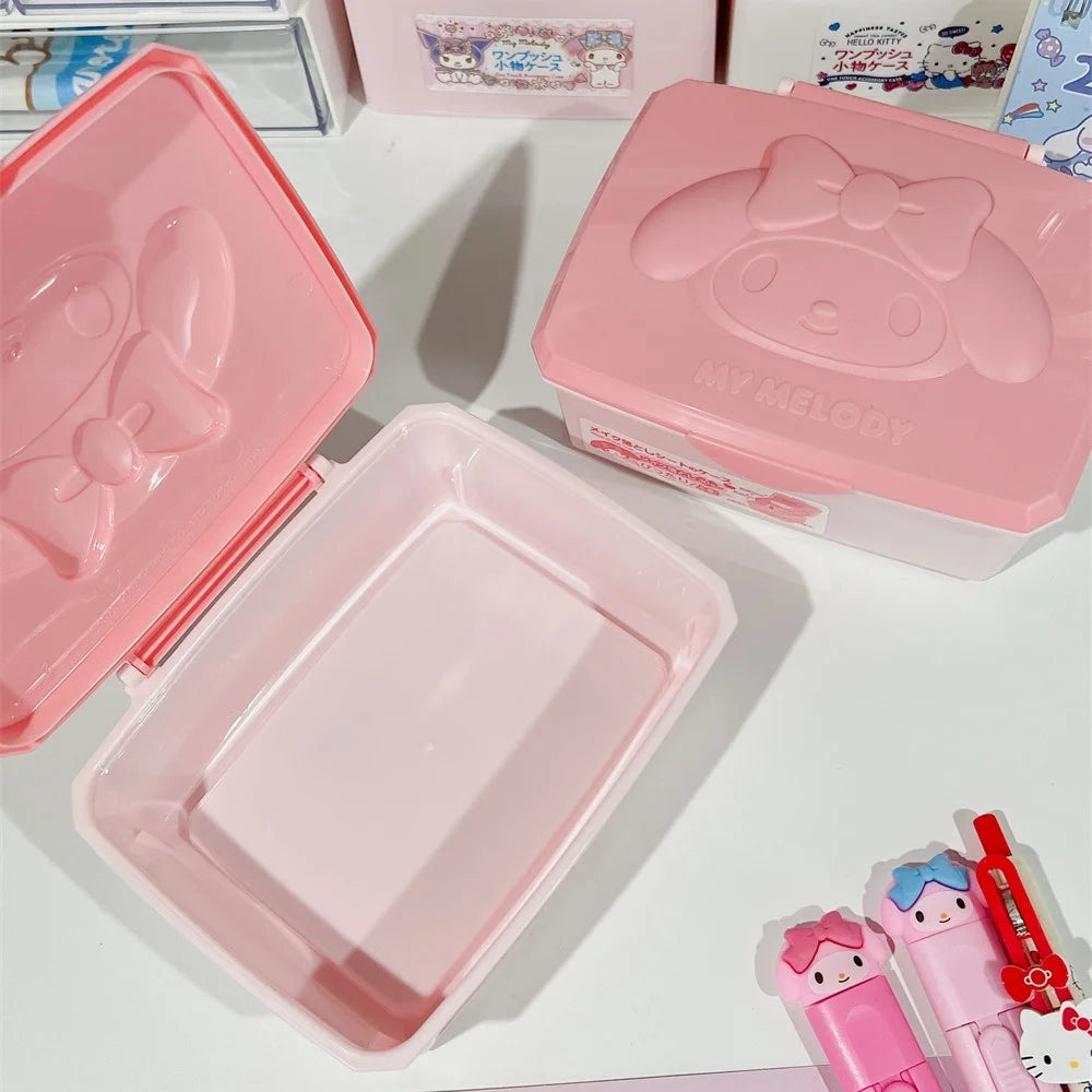 Genuine Hello Kitty Melody Dust-Proof Storage Box Kawaii Sanrio Makeup Sponge Cotton Swab Dental Floss Organizer Cartoon Gifts