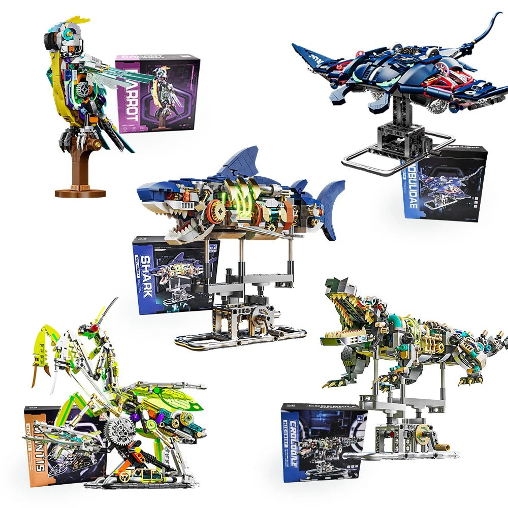 Mechanical Shark Building Set, Sea Life Crocodile Parrot Mantis Frog Manta Ray Building Blocks Light, Animal Toys Gift for Kid