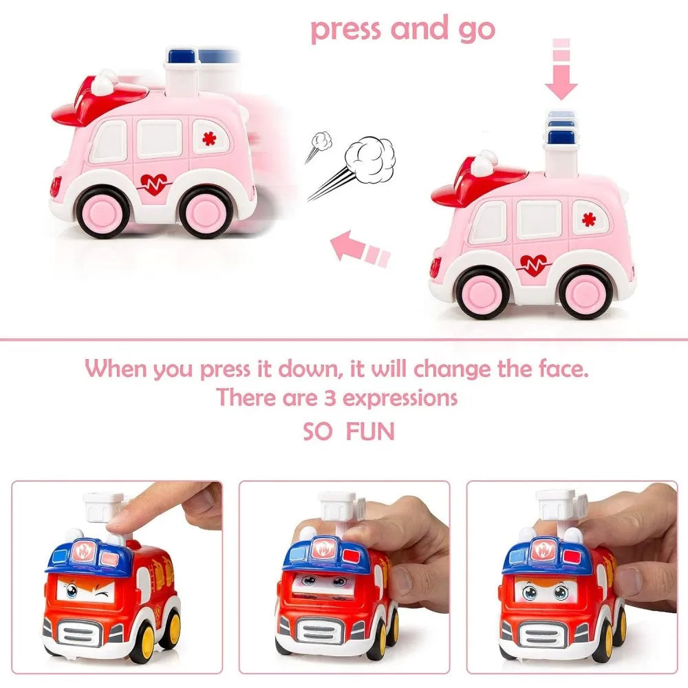 Toddler Press and Go Vehicle Cartoon Baby Mini Ambulance Police Car Fire Truck Excavator Model Gift for Kids Toys
