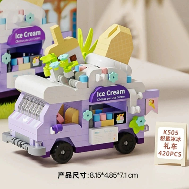 NEW DIY Coffee Car Buns Food Truck Ice Cream Store Flower Street View Building Blocks Kit Bricks Model Toy