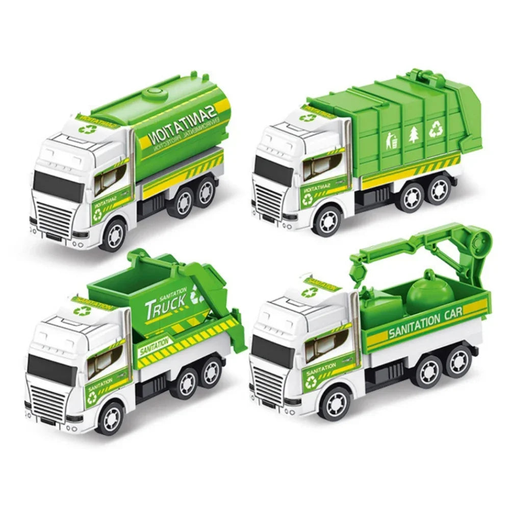 4Pcs Kids Toy Car Inertia Sanitation Truck Models Pull Back Engineering Vehicle Boys Toys for Children Ideal Gifts for Boys Kids