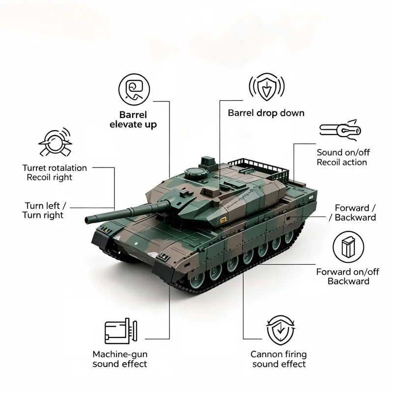 TONGLI Large RC Battle Tank Tracked Off-Road Vehicle, Rechargeable Battery, Multi-Channel Control, Turret Rotation & Elevation, Realistic Sound & Light Effects, All-Terrain Driving, Battle Interaction, Indoor & Outdoor Use, G