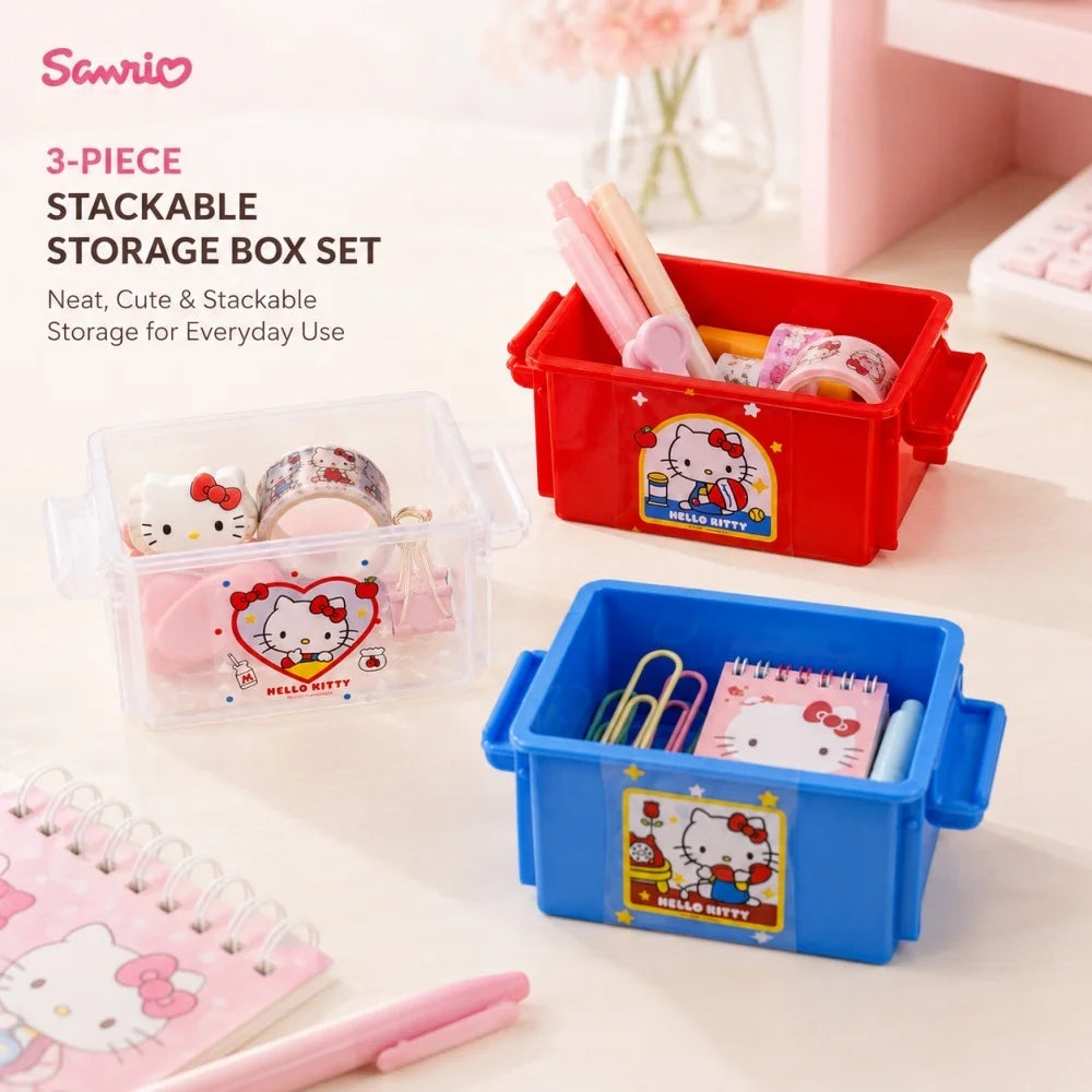 Genuine Sanrio Hello Kitty 3 Color Stackable Storage Box Cute Desk Organizer for Stationery Cosmetics Office School Gifts