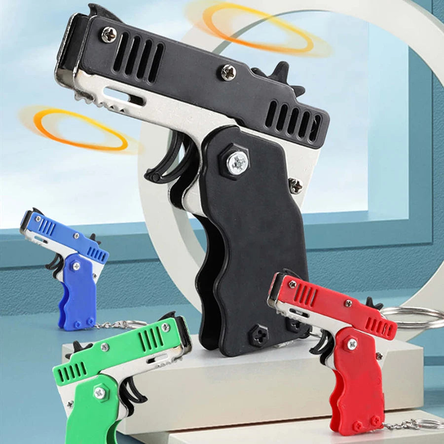 Metal Burst Rubber Band Toy - Mini Folding Launcher Toy With Keychain And 60pcs Rubber Bands,Perfect Gift for Christmas