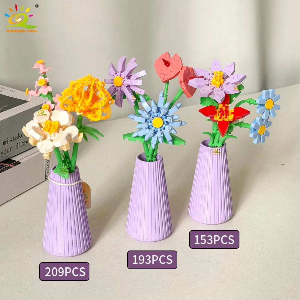 HUIQIBAO MOC Eternal Flower Bouquet with pot Micro Building Block Sunflower Rose Mini Model Brick Toy home Desk Decoration