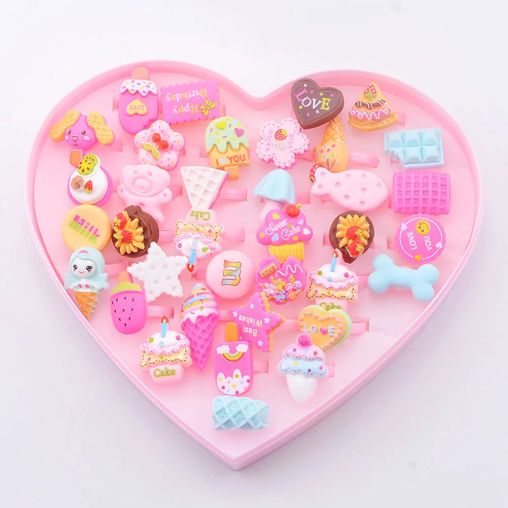 36Pcs Kids Cute Rings Resin Cartoon Jewelry Flower Shape Adjustable Ring Set Creative Accessories Girl Gifts