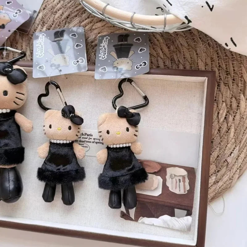 Fashion Mini 10CM Black Dress Hello Kitty Plush Doll Keyring  Long Legs Pearl Bow KT Heart  Bag Charm Cute Stuffed Pendant Decor