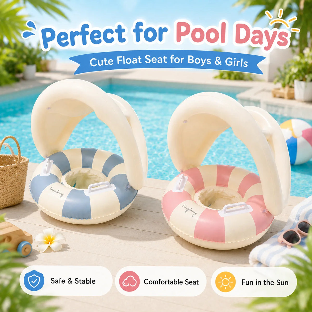 Baby Swim Ring Inflatable Summer Pool Float Seat with Canopy Sunshade Handles Cartoon Swimming Ring for Boys Girls Toddler 40lbs