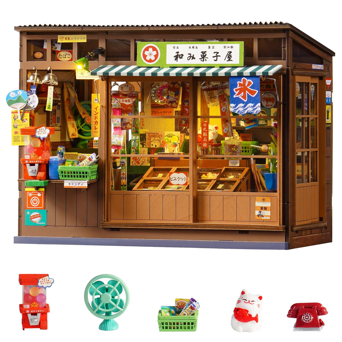 Rolife Nostalgic Corner Shop DIY Book Nook Kit with Sliding Door Wooden Dollhouse 3D Puzzle with LED Light for Bookshelf Decor