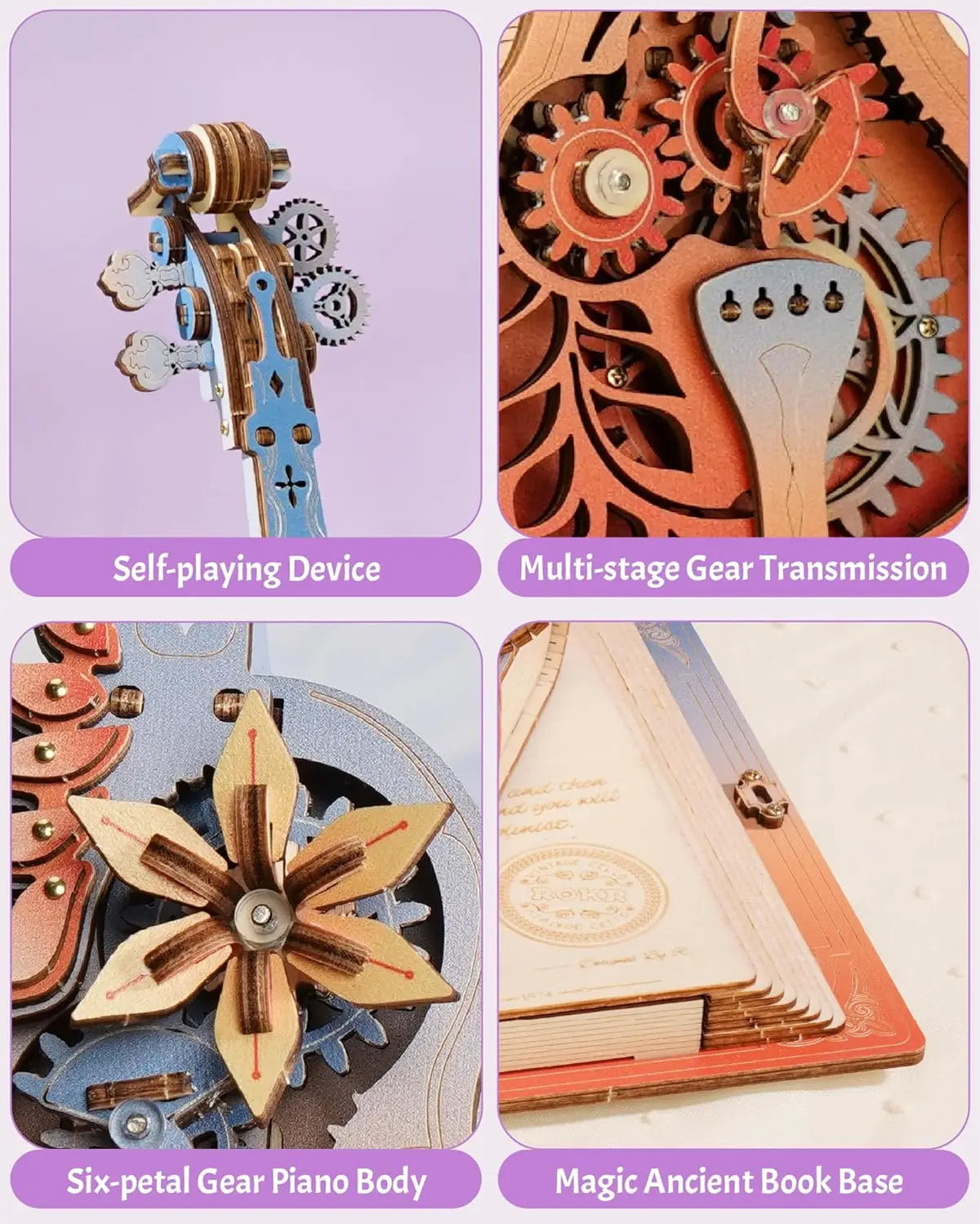 ROKR Wooden 3D Puzzle Music Box - Magic Cello Automatic Playing Mechanical Model Building Kit for Desktop Decor Holiday Gift for Adults Teens