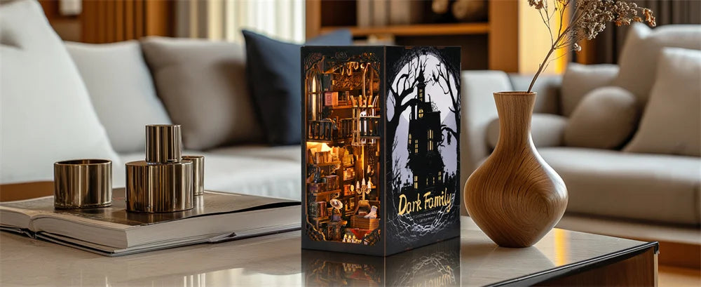Book Nook Kit Dark Family DIY Wooden Puzzle Gothic Style Halloween Bookshelf Dollhouse Model Bookend Building Home Decoration