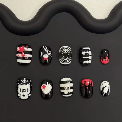 Sweet Cool Y2K Black White Contrast Press On Nails With Heart Music Note Cartoon Bear Print Unique Minority Reusable