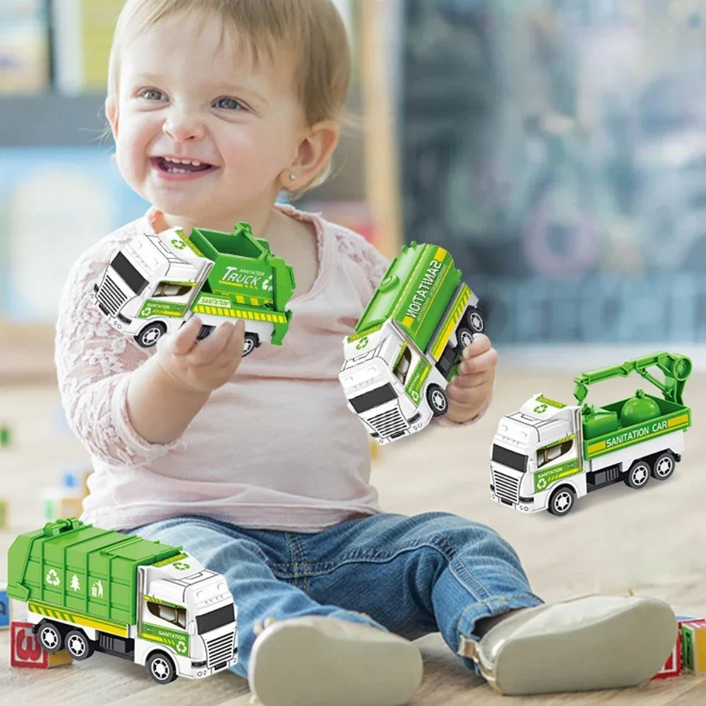 4Pcs Kids Toy Car Inertia Sanitation Truck Models Pull Back Engineering Vehicle Boys Toys for Children Ideal Gifts for Boys Kids