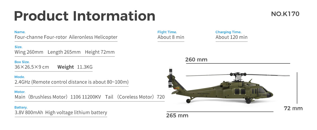 Wltoys K170 RC Helicopter UH-60L 4 Channel Remote Control Brushless Helicopters with Gyro and LED Light Durable Airplane Toy