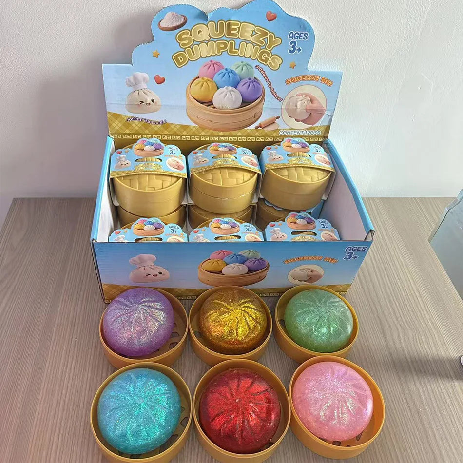 Glitter Dumpling Squishy Toy with Box Dumpling Sensory Squeeze Stress Relief Glitter Dough Gift for Adults And Kids