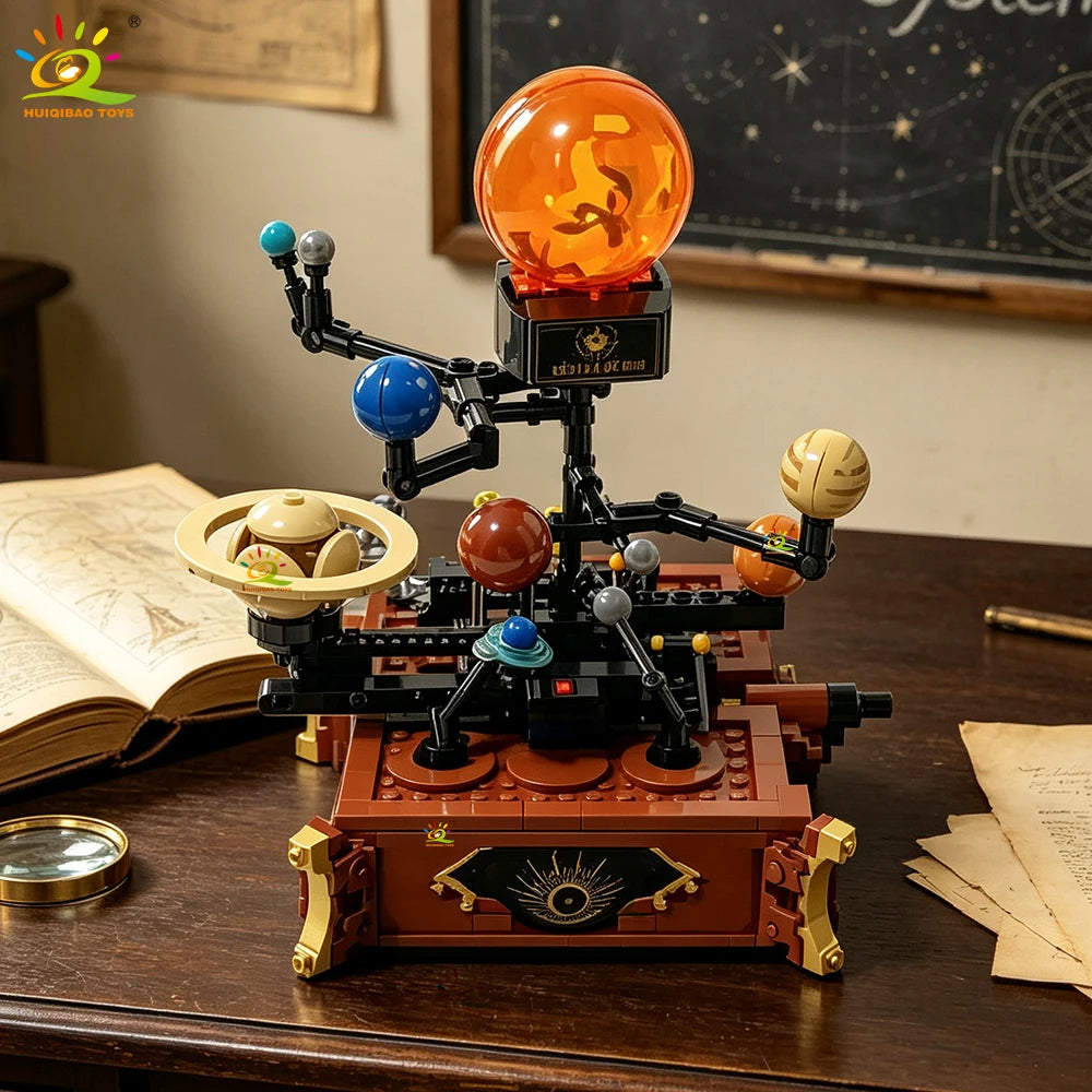 HUIQIBAO MOC Space Solar System Orbit Planet Model Small Building Block Aerospace Ornament Brick Toy For Children Desk Decor.