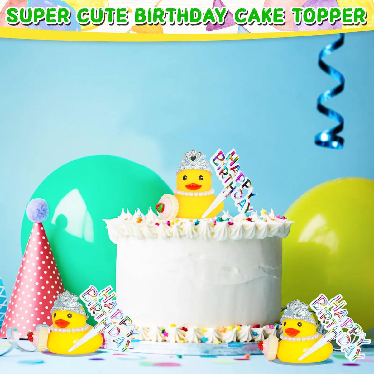 Rubber Ducks with Happy Birthday Sign Party Favors Duck with mini Cupcake Accessory, Pearl Necklace and Crown