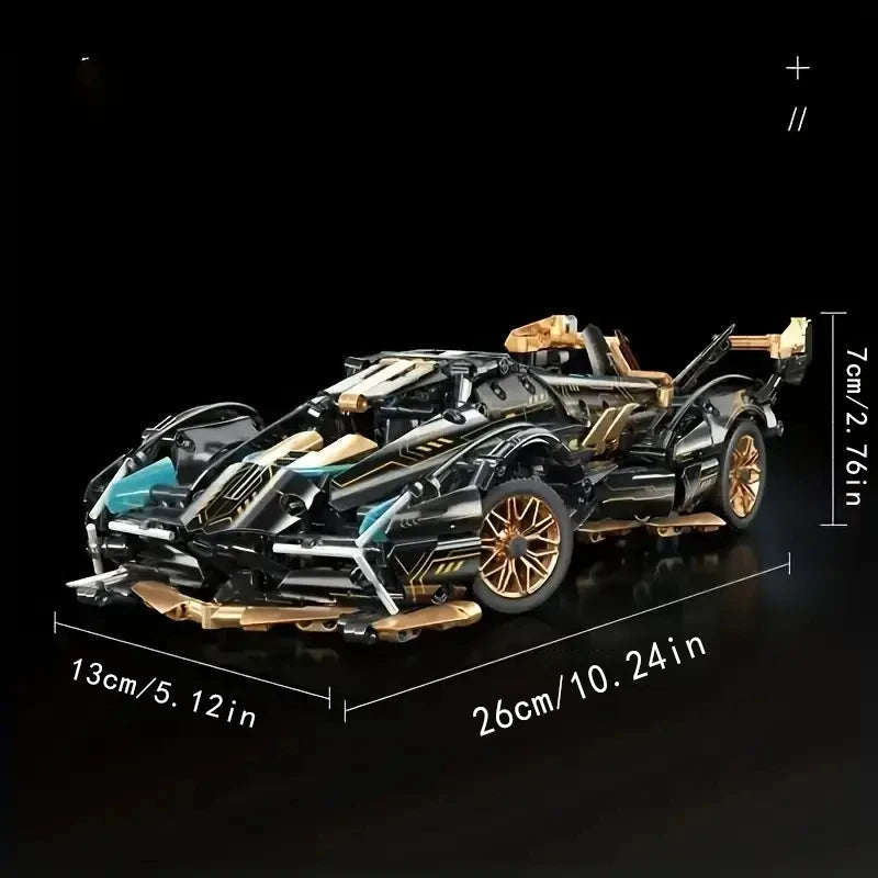 A 523-piece set of black and gold, aerodynamic sports car DIY building blocks, suitable for office/home decor and assembly toys.
