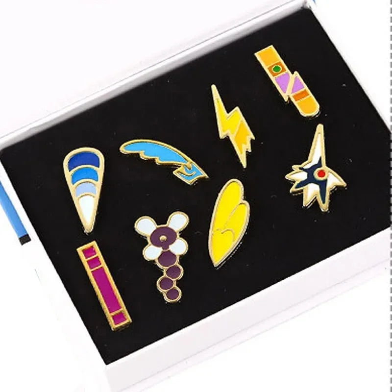 Pocket Monster Trainer Gym Badges Collection Kanto Johto Hoenn Unova Kalos Orange Islands Pins Brooches Toy for Collectors