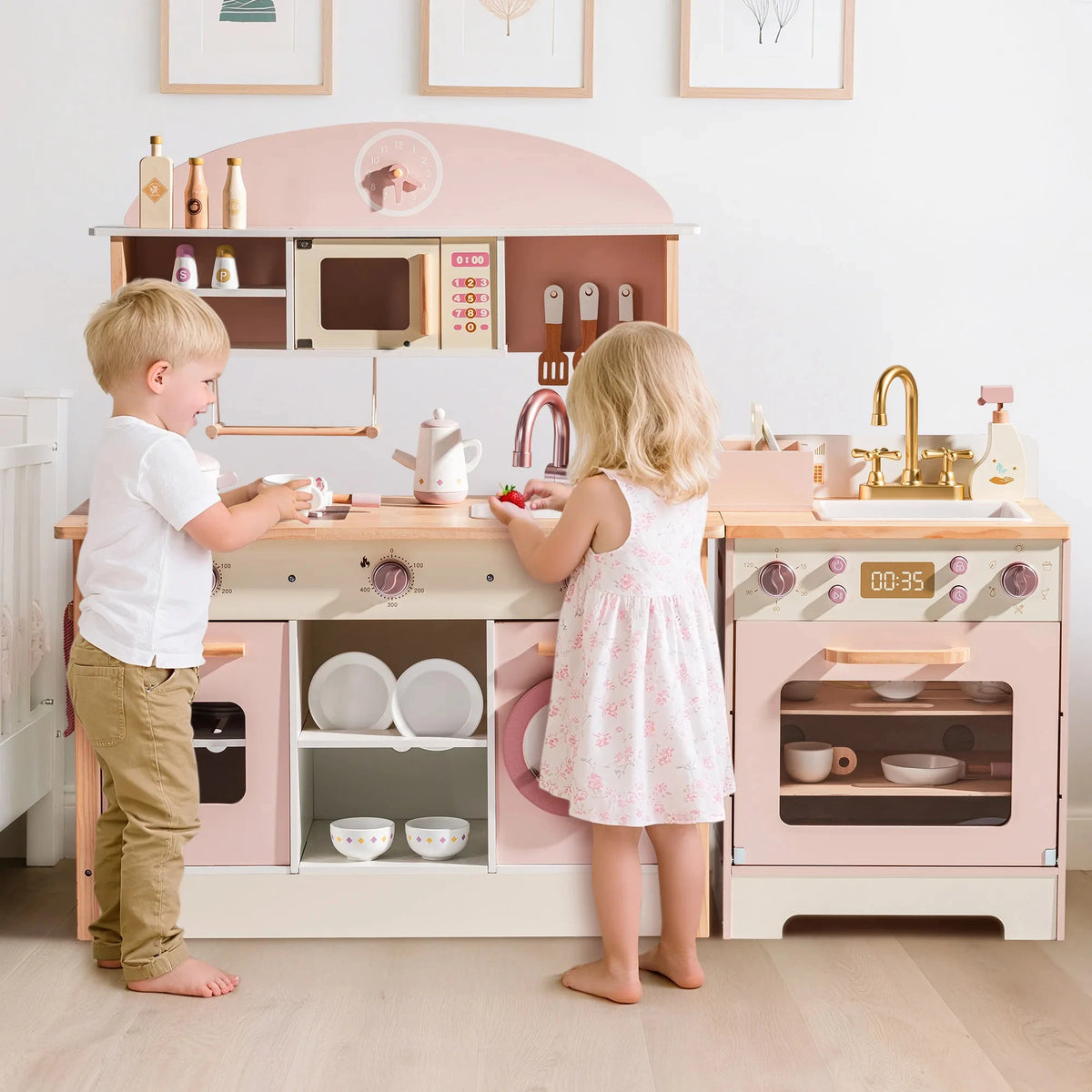 Robud Kids Wooden Pink Play Kitchen All in 1 Corner Set Includes Oven Refrigerator Washer Perfect Birthday Gift for Little Chefs