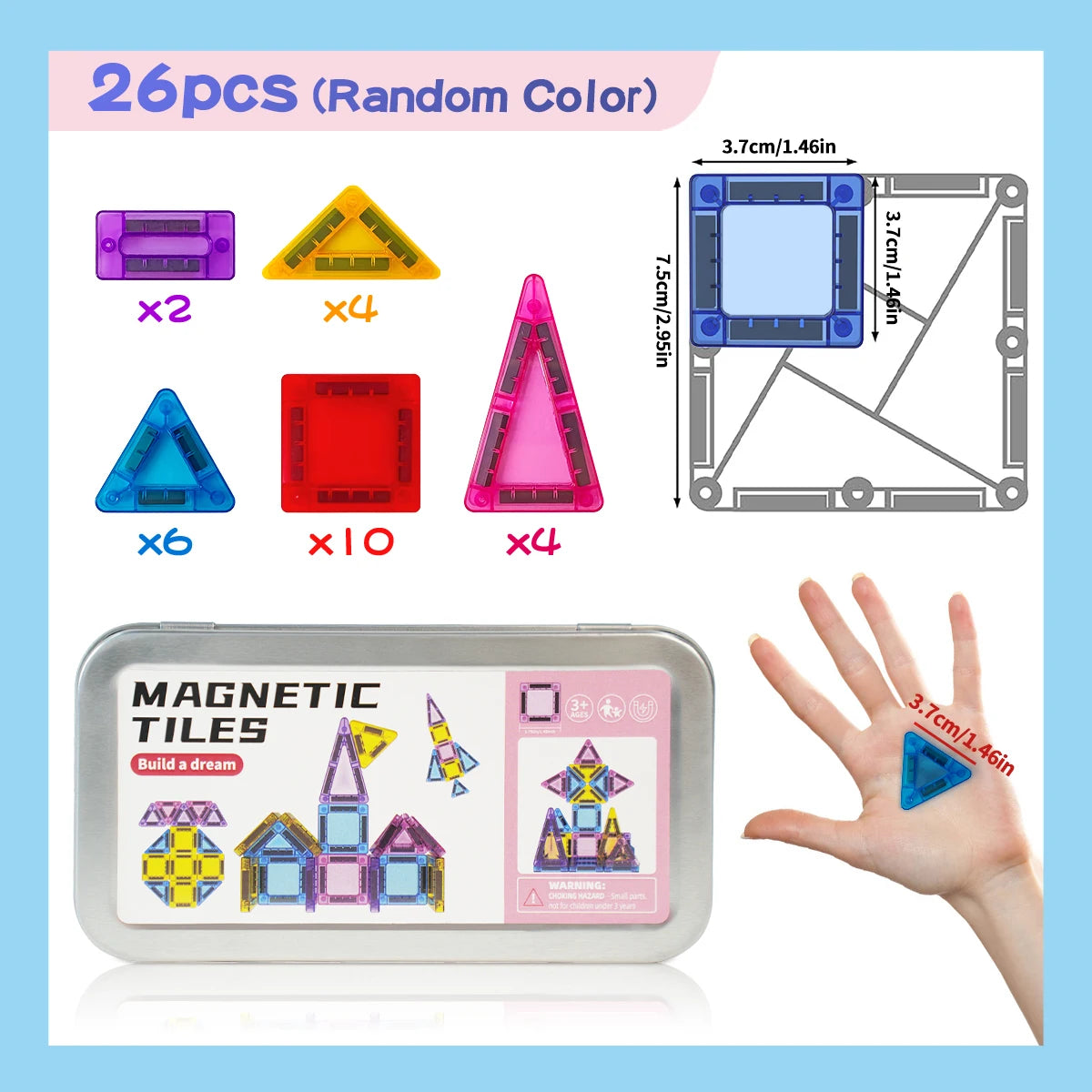 Mini Magnetic Tile Toys, with a Metal Box for Easy Portability, Magnetic Building Blocks That Can Be Played with Anywhere, Convenient Storage, Suitable for Holiday or Birthday Gifts
