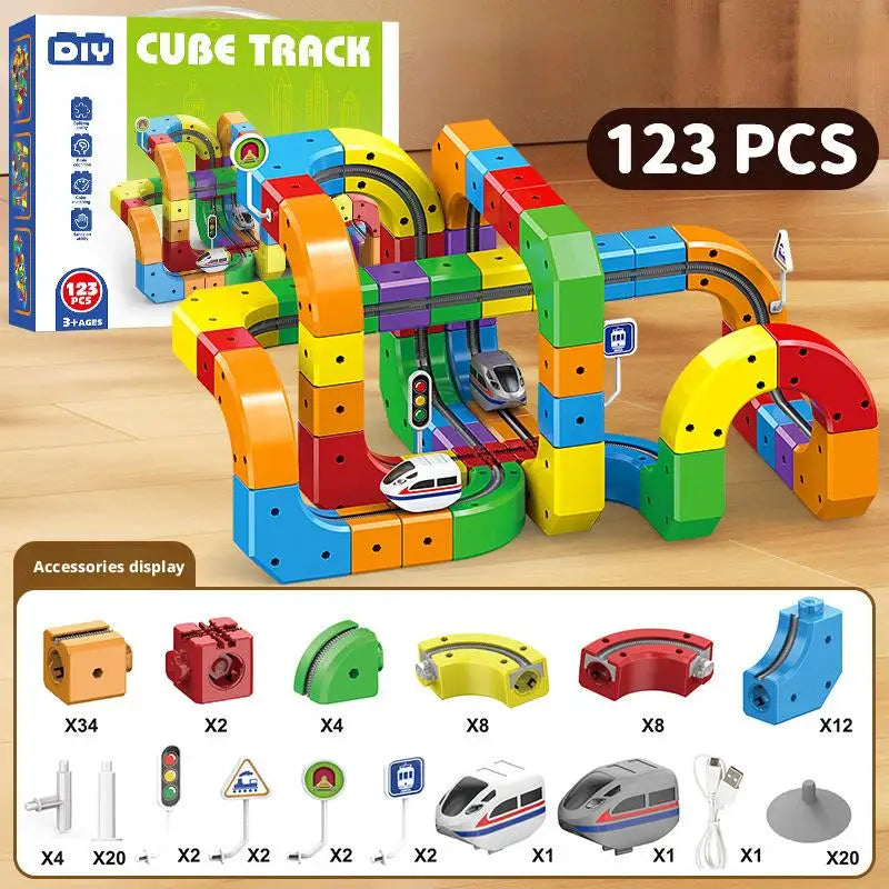 51/62/81/105//123/167PCS Magical Track Train Rechargeable 3D Building Tracks Cube Rails STEM Educational Toys Birthday Gift