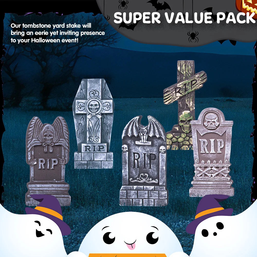 17'' Foam RIP Graveyard Tombstones Halloween Halloween Tombstones Outdoor Decorations for Graves Decorations with 12 Metal Stakes for Cemetery Yard Lawn Party Decor