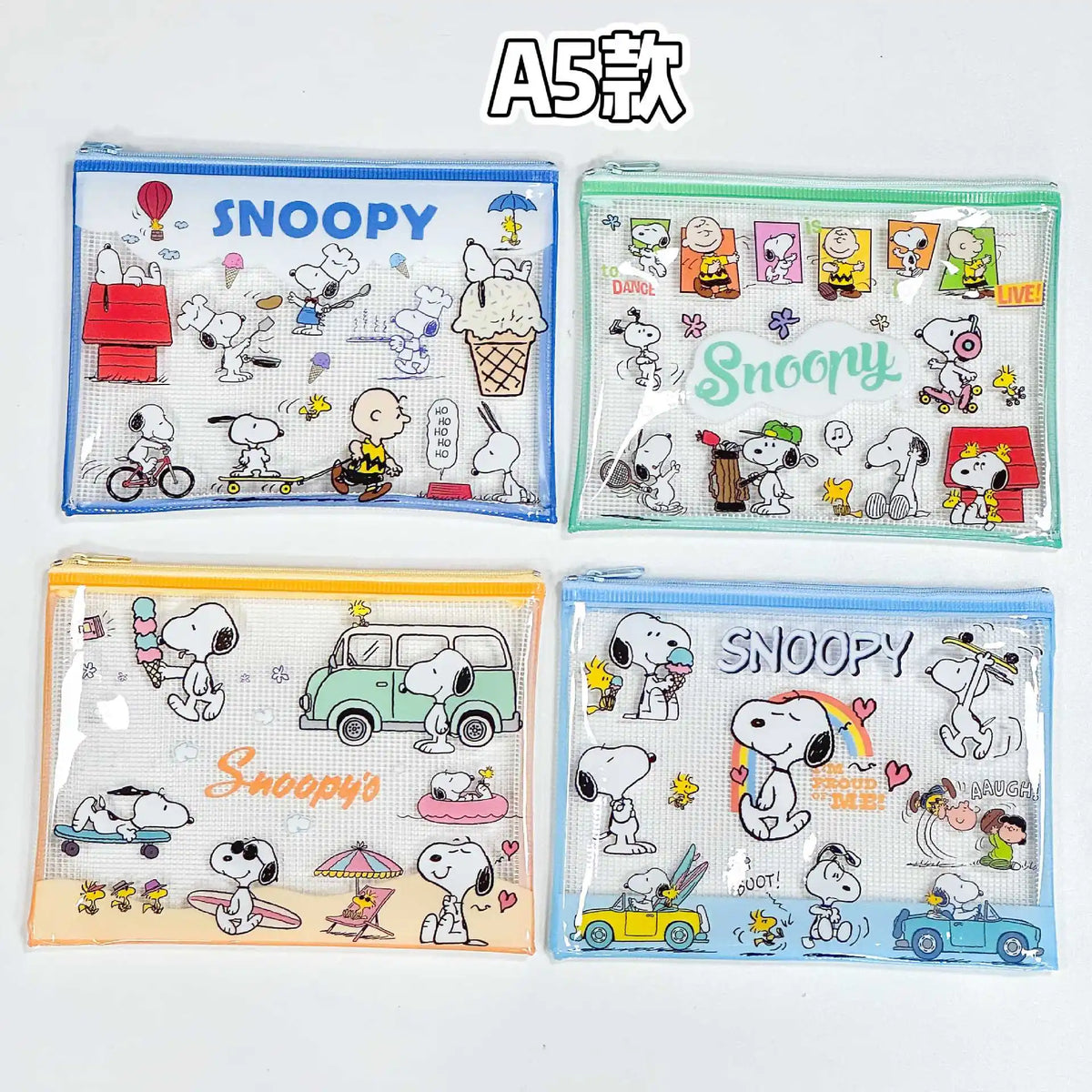 4pcs Snoopy Clear Plastic Zipper File Folder Cartoon A4/A5/B5 Water Resistant Document Pouch Office Supplies Document Protectors