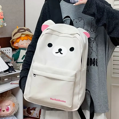 Kawaii Cartoon Rilakkuma Korilakkuma Embroidery Waterproof Nylon Backpack Large Capacity Student School Bag For Girls Boys